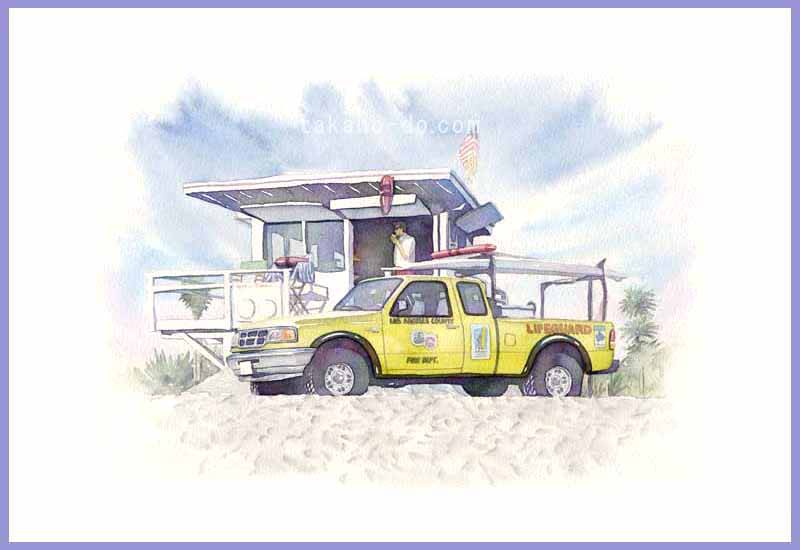 C-02 ロスアンゼルス 海岸 風景 ピックアップトラック 車の水彩画