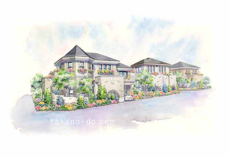 P-03 手書きパース 分譲地 街並み 建築パース 手描き
