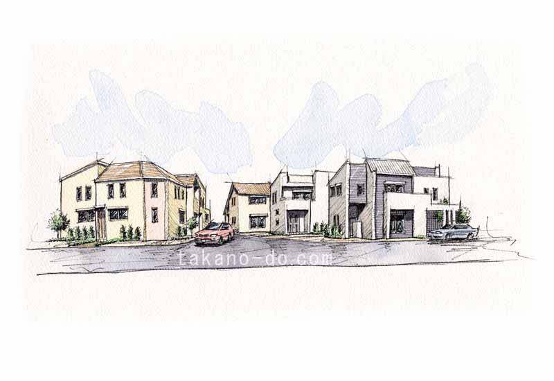 P-20 分譲住宅 手描きパース 街並み ラフ フリーハンド 建築パース
