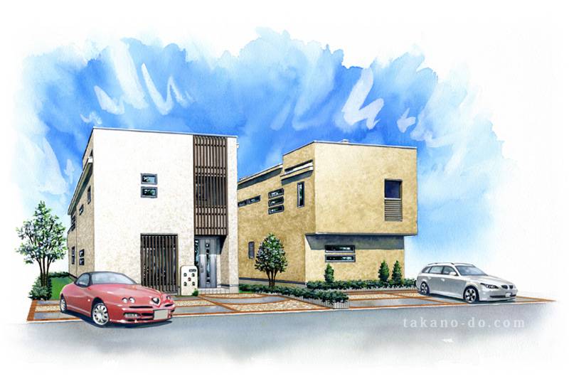 P-28 一戸建て住宅 手描き建築パース 不透明水彩 手書きパース