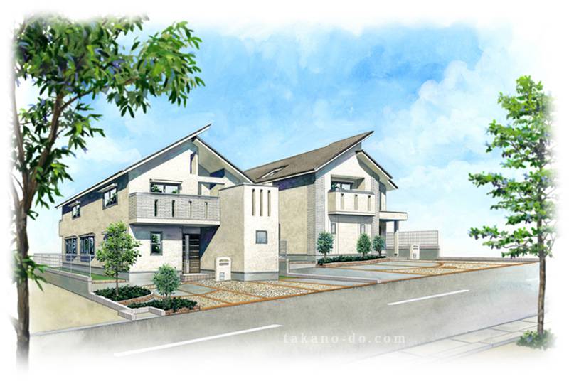 P-29 住宅 街並み 手書きパース 不透明水彩 手描きパース